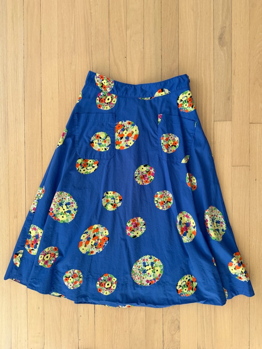 Anthropologie 45 of 52 Royal Blue A-Line Skirt with Multicolor Floral Circles
